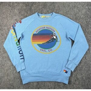 Aviator Nation Crewneck Sweatshirt Mens Small Blue Rainbow Skier Graphic